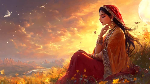 Meditative Indian woman beneath a glowing autumn sky.