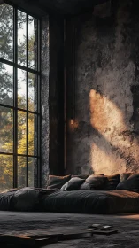 Loft bedroom receives warm sunset light through tall window