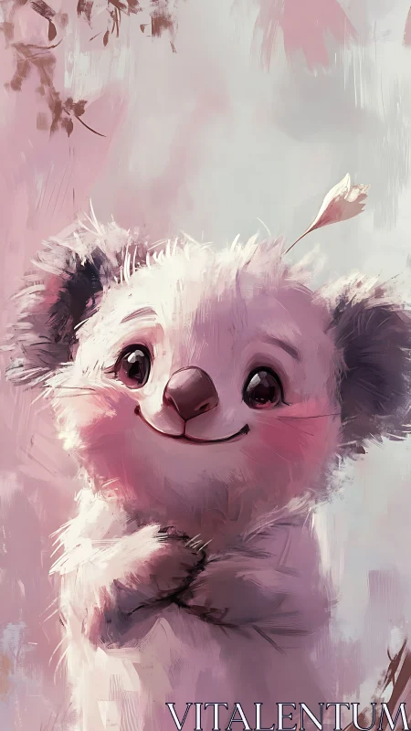 Digital painting of whimsical koala portrait in soft pastels.