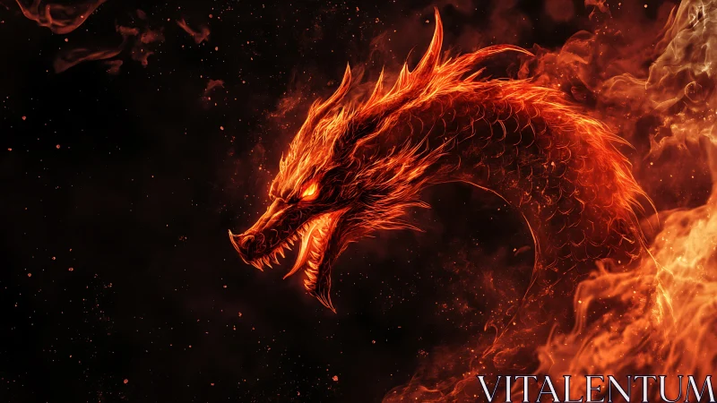 Flaming dragon head coils through dark smoke-filled void
