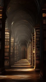 Gothic library corridor with endless vaulted bookshelves.