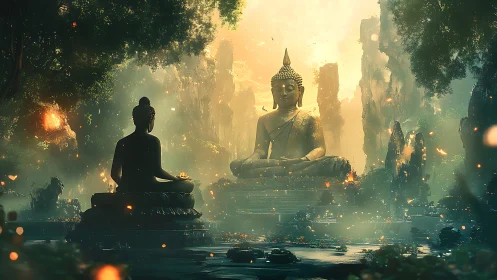 Radiant Buddha sanctuary rendered in atmospheric digital painting