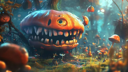 Mutated pumpkin head with sharp teeth dominates forest scene