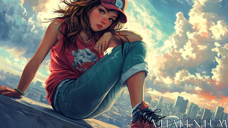 Urban rooftop portrait of relaxed teen girl at golden hour