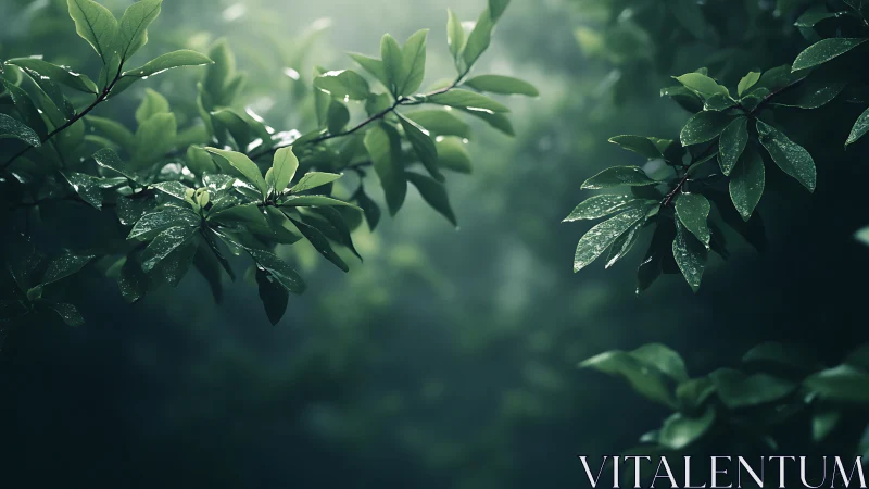 Wet green foliage is captured against a diffused forest background