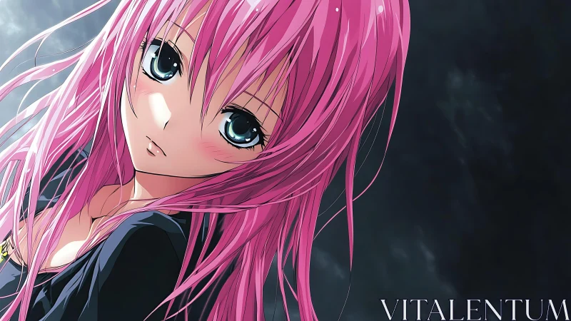 Stargazing girl with windswept pink hair in midnight hush.