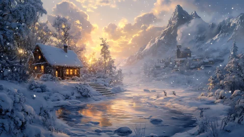 Winter cabin beside glowing river at alpine sunset.