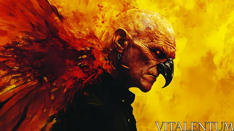 Demonic bird man with fiery wings on vivid yellow backdrop.