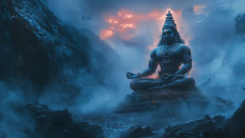 Monolithic Shiva statue meditates amid glacial storm glow