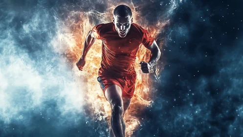 Athletic sprinter emerges through fiery energy vortex field