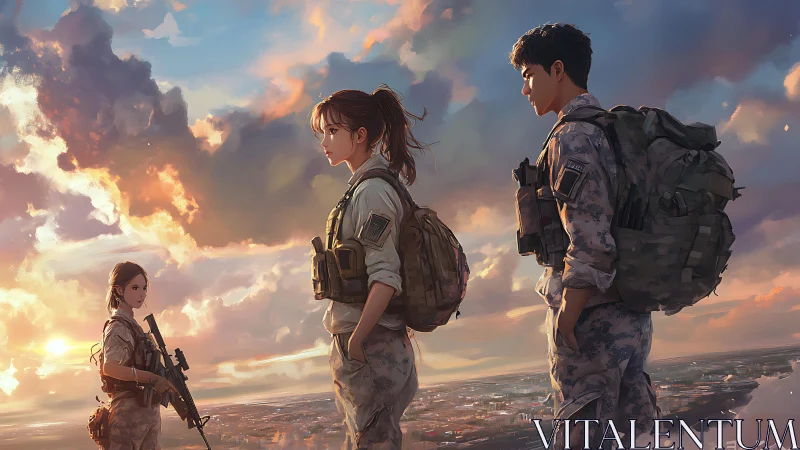 Sunset-lit military patrol with detailed tactical gear silhouettes