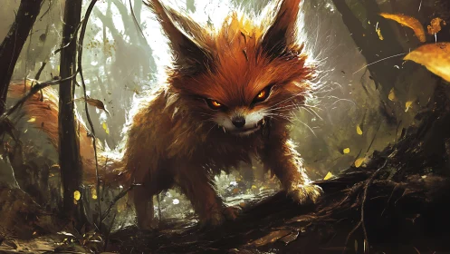 Ember-eyed forest fox prowls through painted shadowlight.