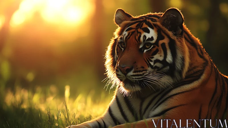 Majestic tiger rests in golden forest dusk light