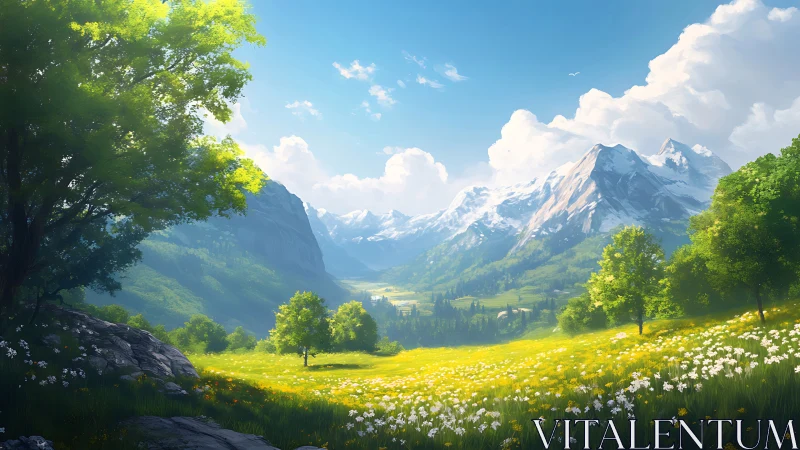Digital painting of alpine meadow panorama with snow peaks.