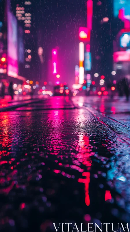 Rain-soaked city street with neon reflections at night.