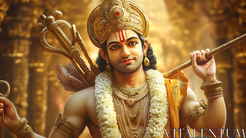 Divine warrior prince holding bow in radiant temple light