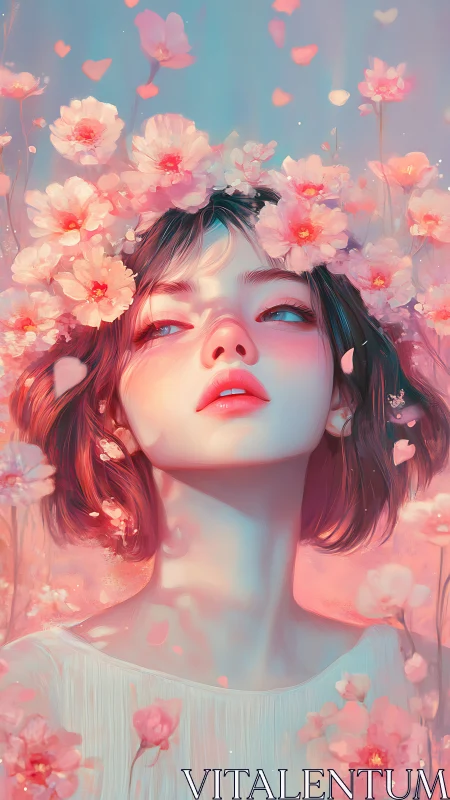 Floral portrait of young woman in pastel sakura bloom.