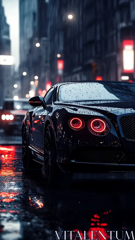 Rain-soaked luxury coupe idles under neon on nocturnal street