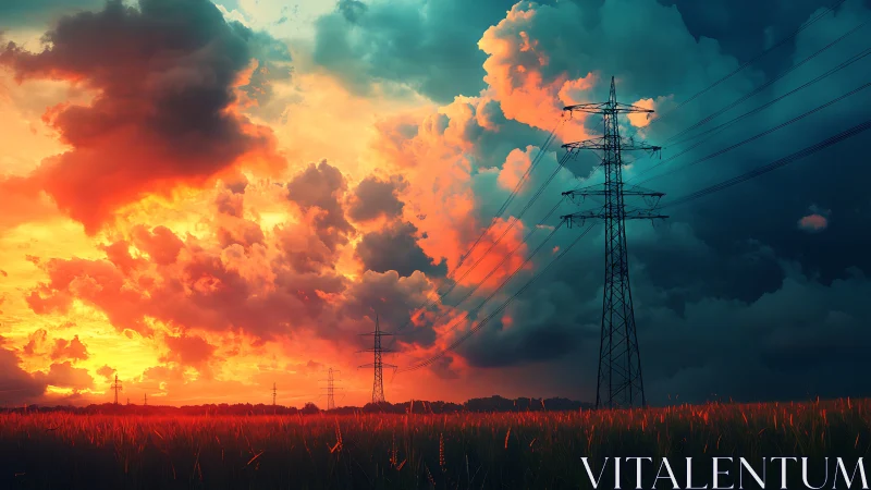Glowing sunset clouds gently surround quiet power lines tonight