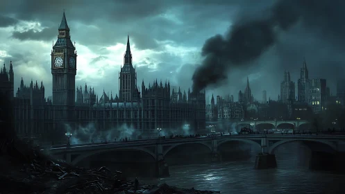 Post-apocalyptic Westminster skyline rendered in moody digital chiaroscuro