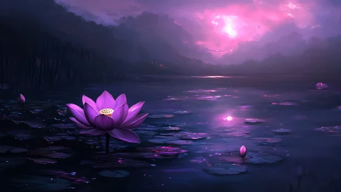 Lotus blossom over violet twilight lake horizon.
