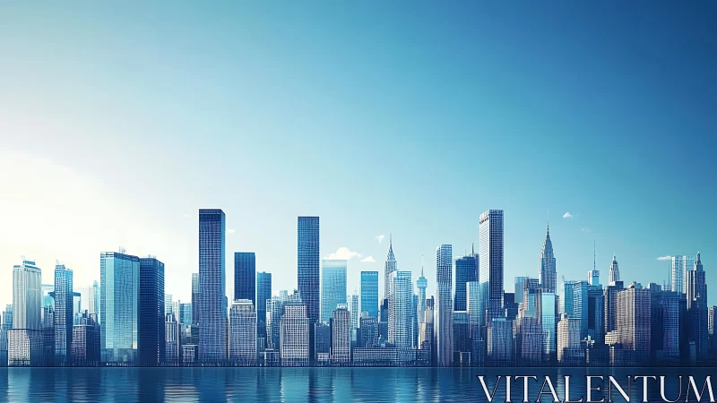 Urban skyline is rendered with reflective waterfront foreground