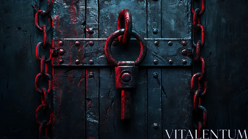 Heavy metal door is secured with red chains and lock