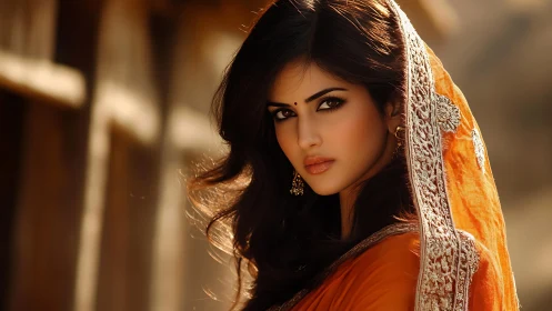 Elegant woman in orange sari gazes softly in warm sunlight