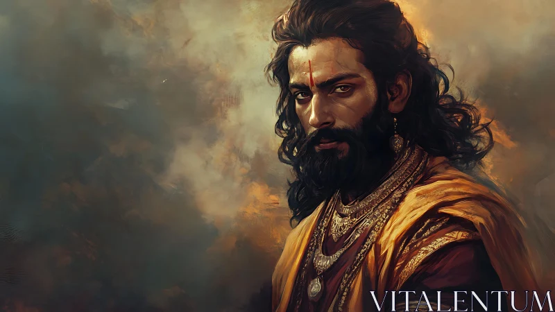 Regal warrior portrait in ornate traditional attire.