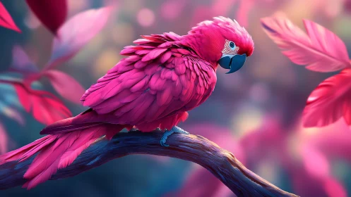 Vibrant Pink Parrot on Branch in Dreamy Nature Setting, Digital Art.