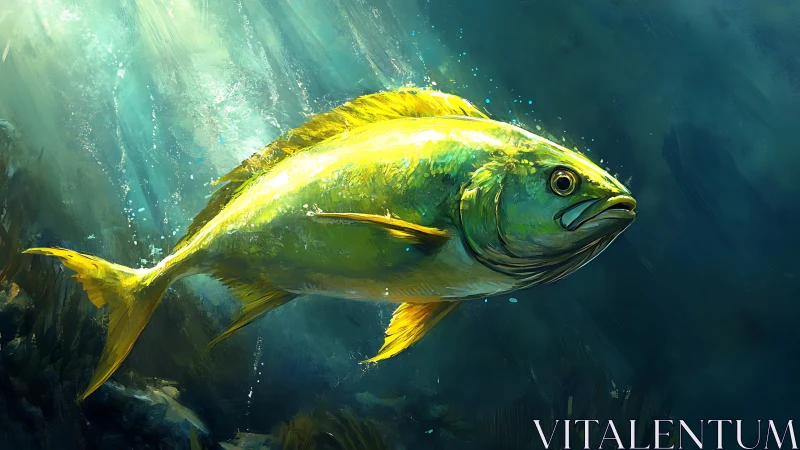 Sunlit emerald fish gliding through a dreamy ocean hush.