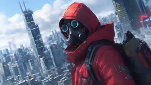 Hooded respirator operative in high-rise winter megacity skyline.