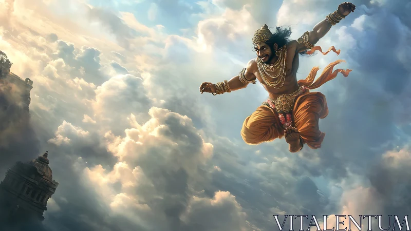 Mythic warrior leaps through radiant storm clouds above temple