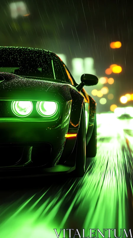 Neon-lit muscle car in cinematic cyberpunk rainscape close-up.