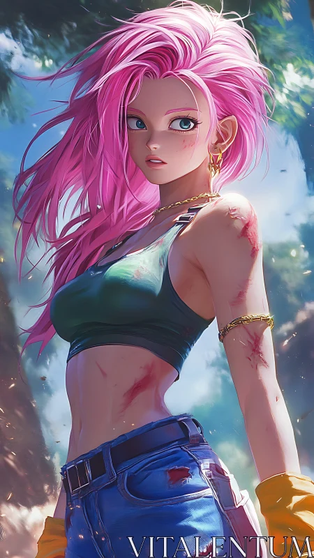 Battle-scarred pink rebel under sunlit forest skies.
