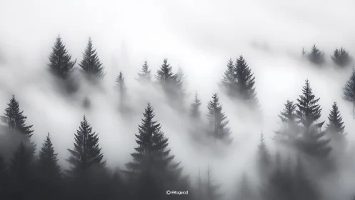 Dense coniferous trees are partially obscured by low fog