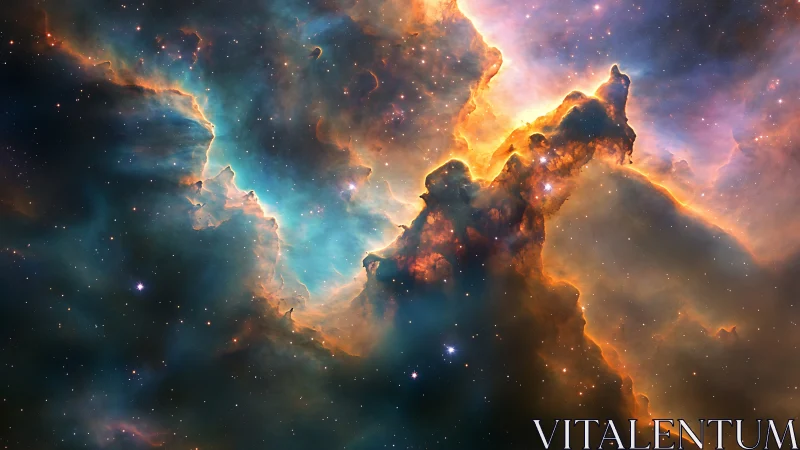 Ionized emission nebula with dense dust pillars and starfield