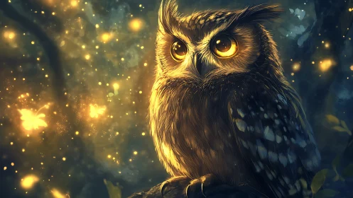 Magical Owl in Enchanted Forest Surrounded by Glowing Fireflies.