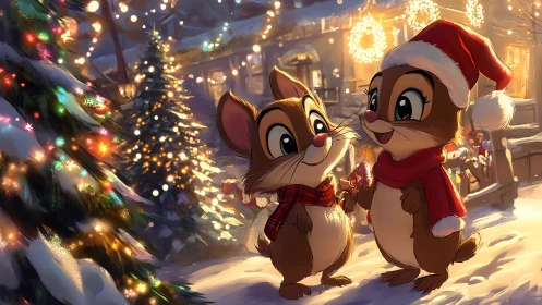 Anthropomorphic chipmunks in stylized winter scene share illuminated gift