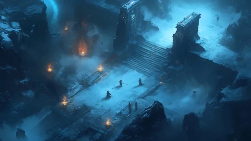 Mystic heroes cross a frozen ruin glowing with ancient fire