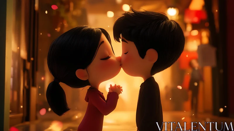 Two figures kiss in warmly lit urban alley.