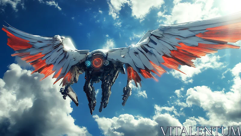 Mechanical winged drone with red-tipped feathers in sky.