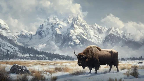 Digital painting of bison under monumental alpine snowfields.