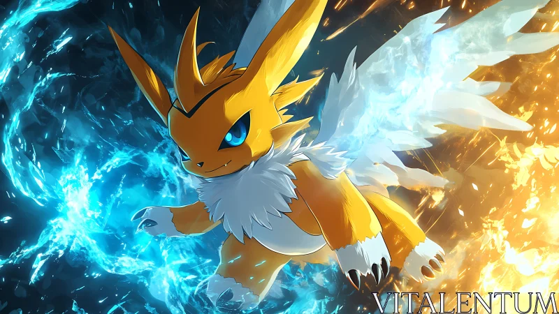 Winged yellow creature in glowing blue and orange energy