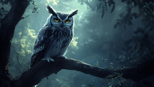 Majestic Owl on Branch in Enchanted Forest, Moody Digital Art.