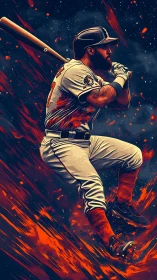 Powerful baseball slugger leaping into a fiery night sky.