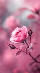 Soft pink rose glows against dreamy blurred background.