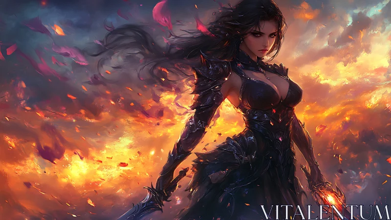 Armored sorceress commands infernal fire amid high-contrast sky