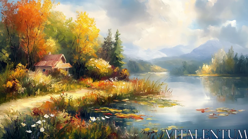 Lakeside cottage amid luminous autumn foliage reflections.