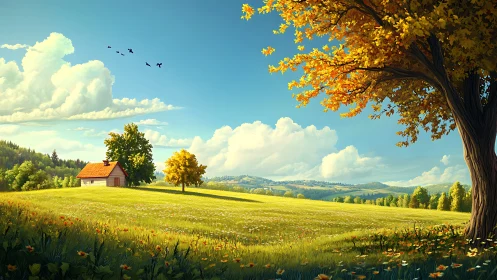 Golden countryside meadow glows under clear autumn skies.